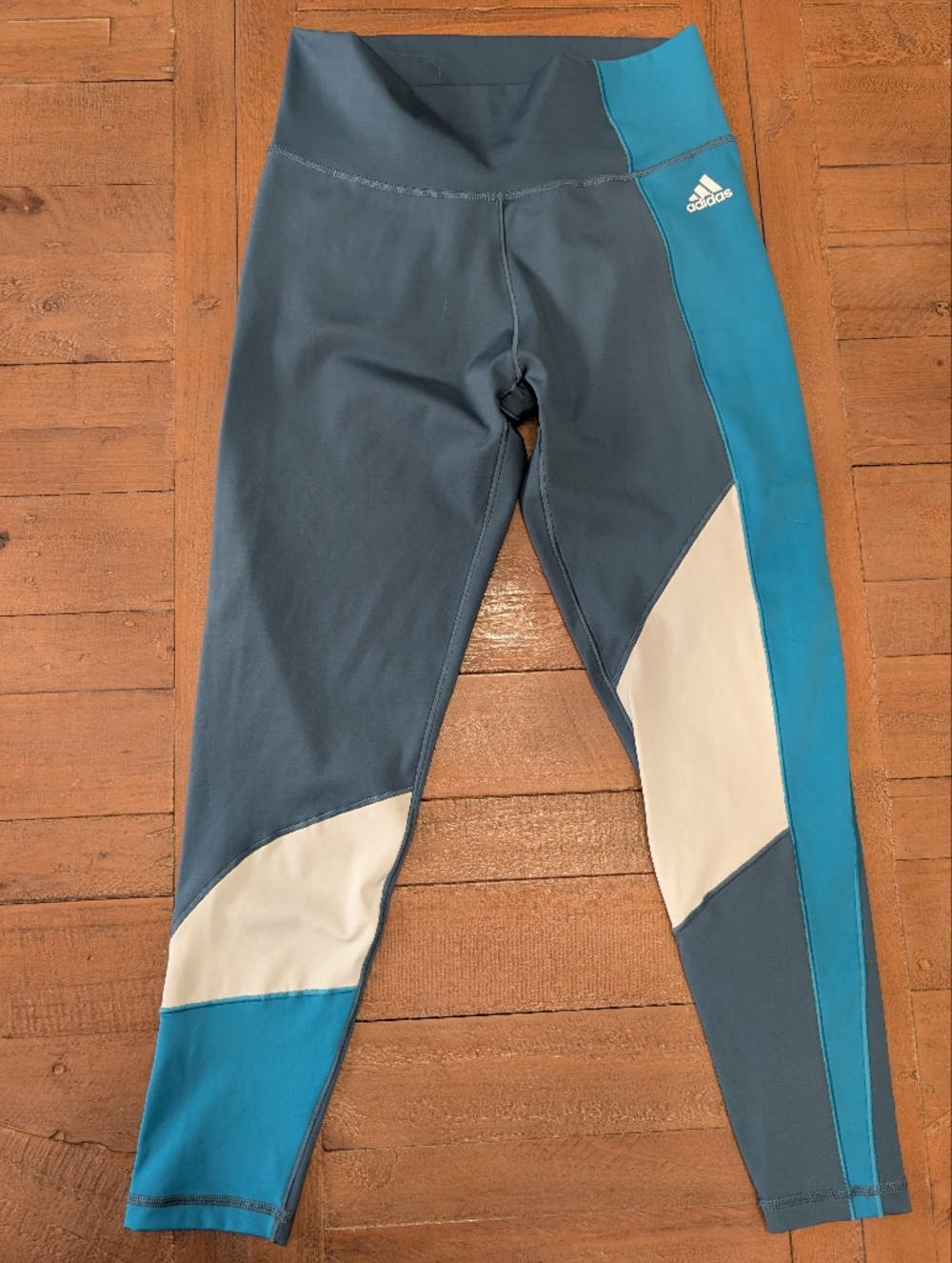 adidas Teal and Dark Blue Colorblock Athletic Leggings with Cream Logo